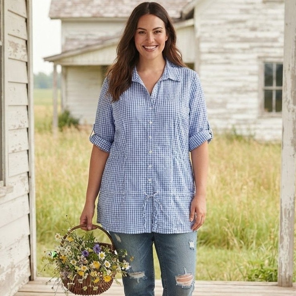 2/$10 Gingham Button Up Shirt Womens 2XL Blue Plaid Short Sleeve Cottagecore